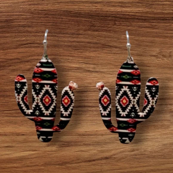 Southwest Navajo Print Metal Cactus Earrings New - Picture 2 of 3